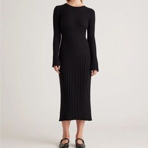 Cashmere Ribbed Long Sleeve Black Midi Dress